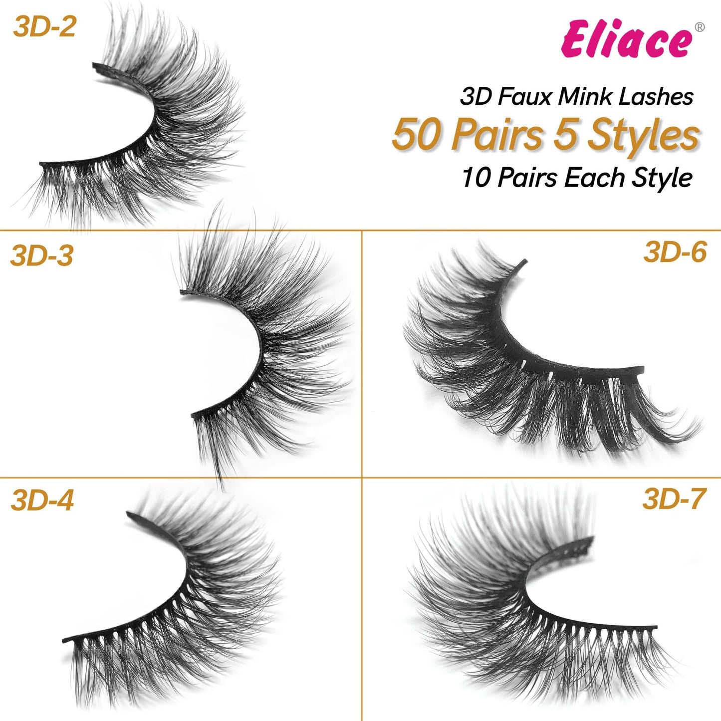 Eliace Eyelashes, 50 Pairs 5 Styles Faux Mink Lashes Natural Look Wispy Fluffy Handmade Cat Eye lashes Pack False Eyelashes Set, Comfortable & Lightweight Fake Lashes Strips,Makeup Fake Eyelashes Pack