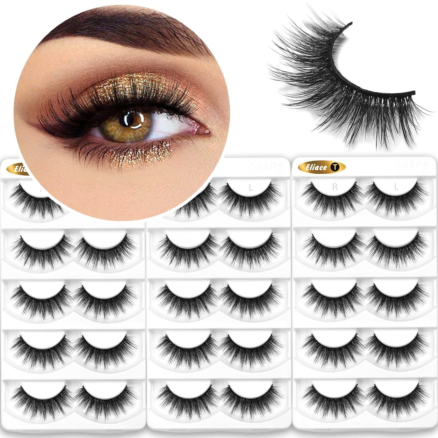 Eliace Eyelashes, 50 Pairs 5 Styles Faux Mink Lashes Natural Look Wispy Fluffy Handmade Cat Eye lashes Pack False Eyelashes Set, Comfortable & Lightweight Fake Lashes Strips,Makeup Fake Eyelashes Pack