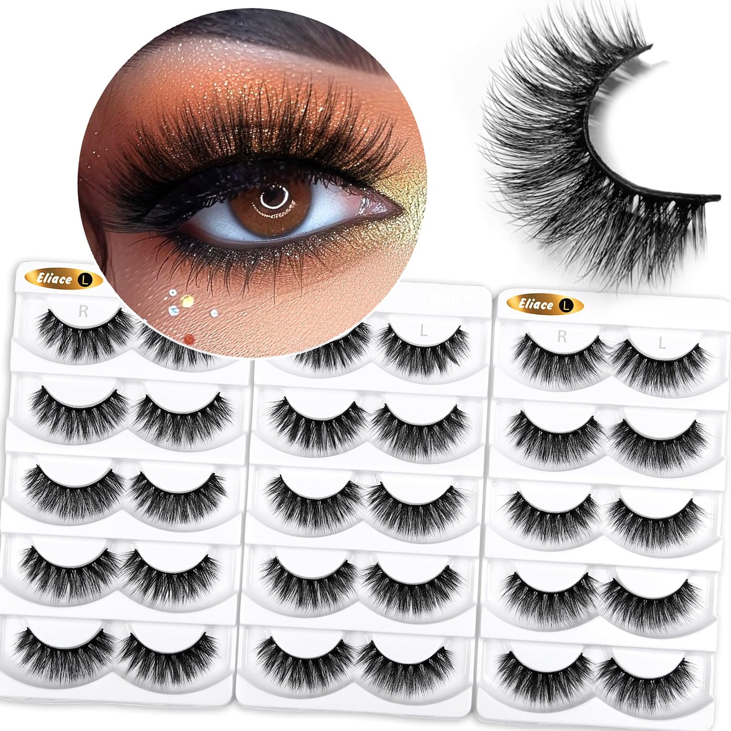 Eliace Eyelashes, 50 Pairs 5 Styles Faux Mink Lashes Natural Look Wispy Fluffy Handmade Cat Eye lashes Pack False Eyelashes Set, Comfortable & Lightweight Fake Lashes Strips,Makeup Fake Eyelashes Pack