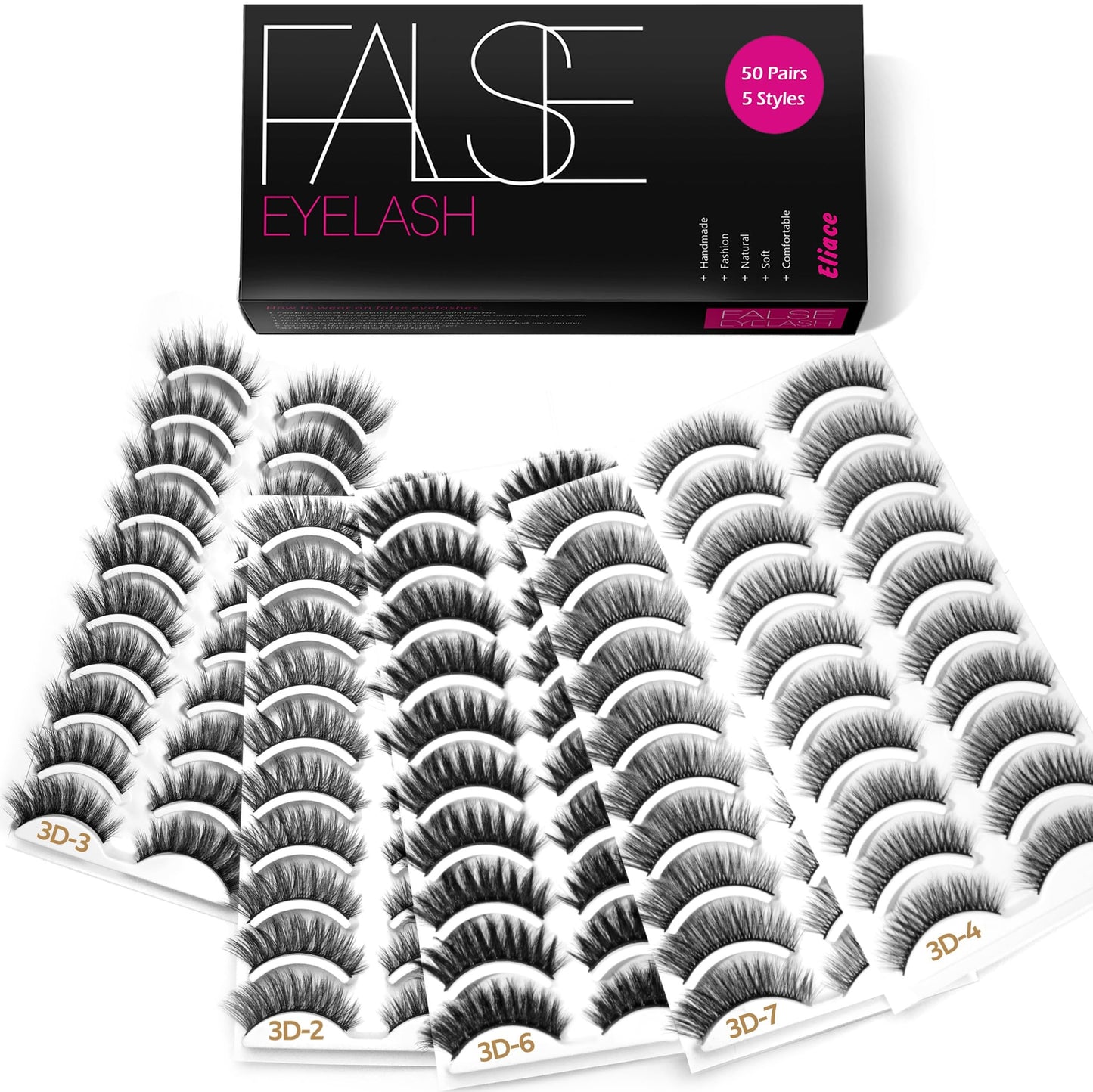 Eliace Eyelashes, 50 Pairs 5 Styles Faux Mink Lashes Natural Look Wispy Fluffy Handmade Cat Eye lashes Pack False Eyelashes Set, Comfortable & Lightweight Fake Lashes Strips,Makeup Fake Eyelashes Pack