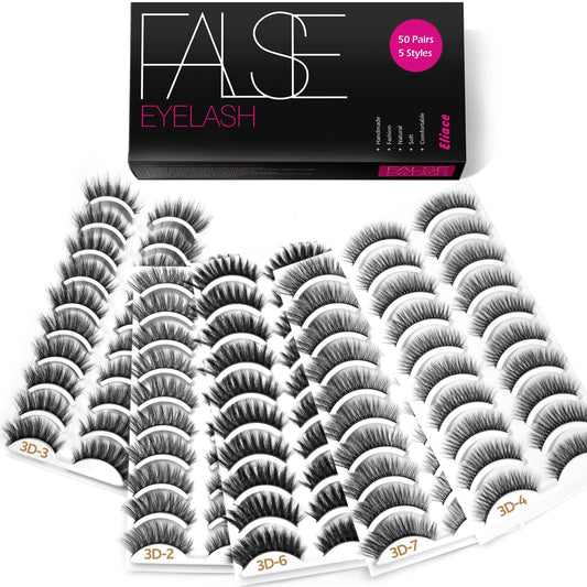 Eliace Eyelashes, 50 Pairs 5 Styles Faux Mink Lashes Natural Look Wispy Fluffy Handmade Cat Eye lashes Pack False Eyelashes Set, Comfortable & Lightweight Fake Lashes Strips,Makeup Fake Eyelashes Pack