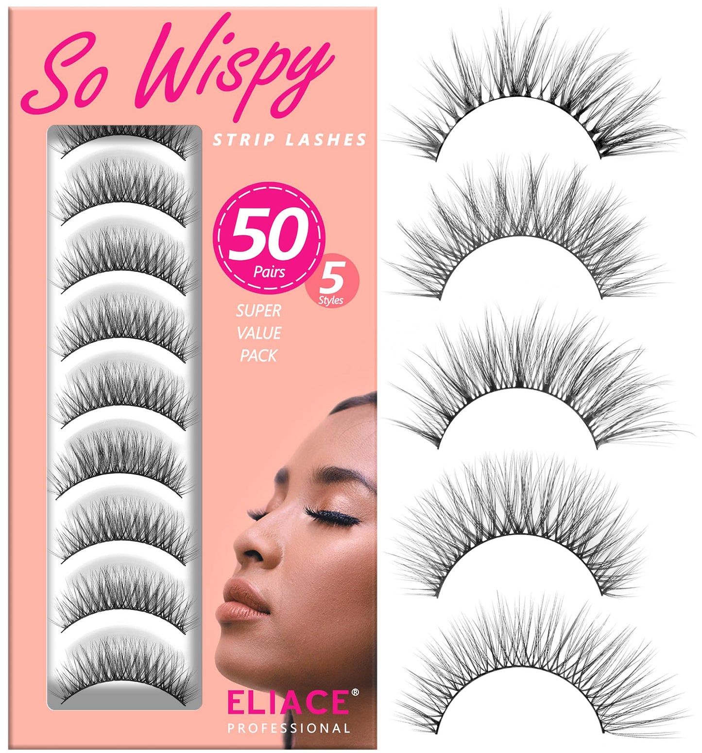 Eliace Eyelashes, 50 Pairs 5 Styles Faux Mink Lashes Natural Look Wispy Fluffy Handmade Cat Eye lashes Pack False Eyelashes Set, Comfortable & Lightweight Fake Lashes Strips,Makeup Fake Eyelashes Pack