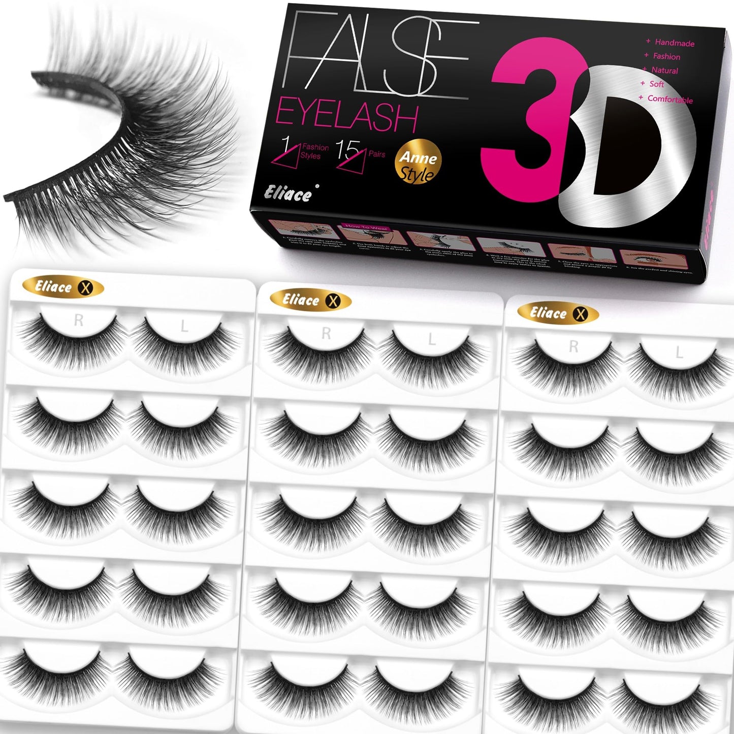 Eliace Eyelashes, 50 Pairs 5 Styles Faux Mink Lashes Natural Look Wispy Fluffy Handmade Cat Eye lashes Pack False Eyelashes Set, Comfortable & Lightweight Fake Lashes Strips,Makeup Fake Eyelashes Pack