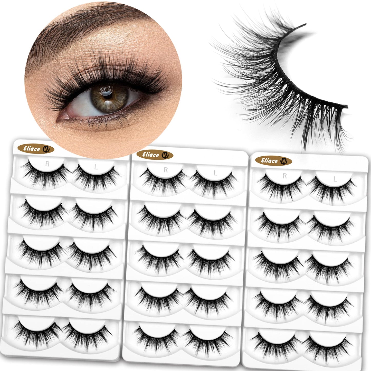 Eliace Eyelashes, 50 Pairs 5 Styles Faux Mink Lashes Natural Look Wispy Fluffy Handmade Cat Eye lashes Pack False Eyelashes Set, Comfortable & Lightweight Fake Lashes Strips,Makeup Fake Eyelashes Pack