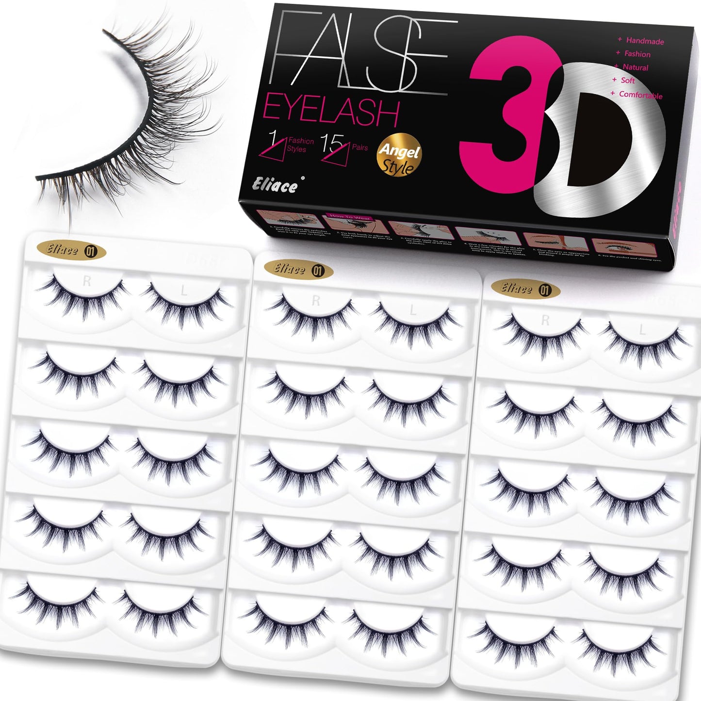 Eliace Eyelashes, 50 Pairs 5 Styles Faux Mink Lashes Natural Look Wispy Fluffy Handmade Cat Eye lashes Pack False Eyelashes Set, Comfortable & Lightweight Fake Lashes Strips,Makeup Fake Eyelashes Pack