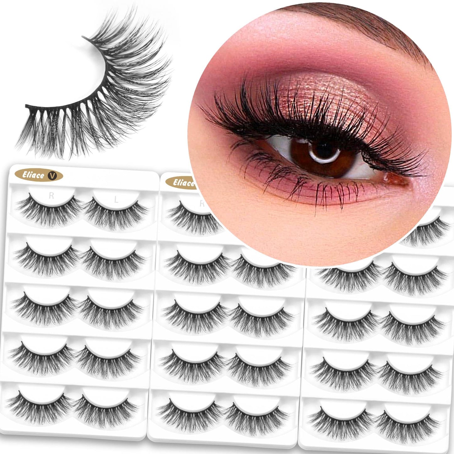 Eliace Eyelashes, 50 Pairs 5 Styles Faux Mink Lashes Natural Look Wispy Fluffy Handmade Cat Eye lashes Pack False Eyelashes Set, Comfortable & Lightweight Fake Lashes Strips,Makeup Fake Eyelashes Pack