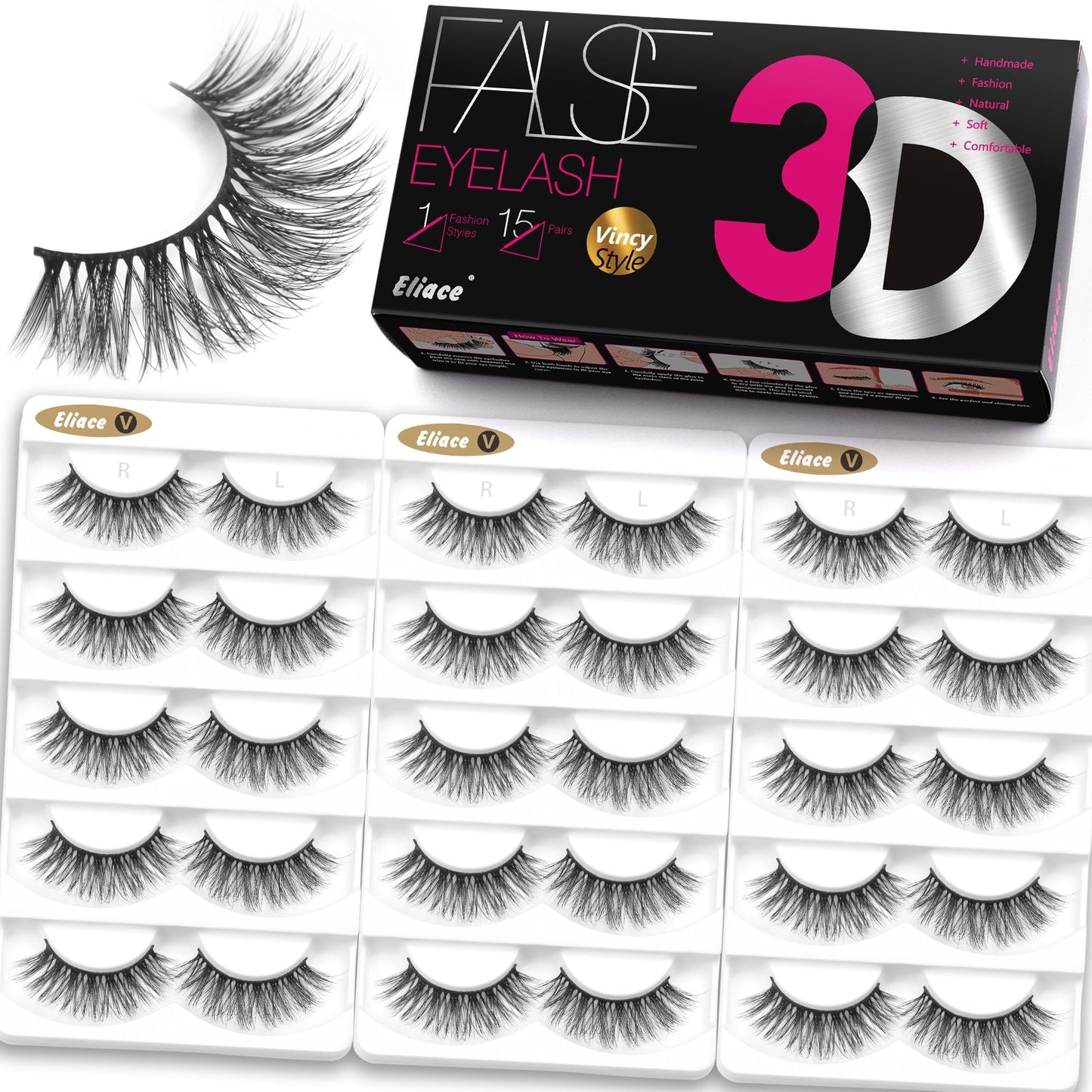 Eliace Eyelashes, 50 Pairs 5 Styles Faux Mink Lashes Natural Look Wispy Fluffy Handmade Cat Eye lashes Pack False Eyelashes Set, Comfortable & Lightweight Fake Lashes Strips,Makeup Fake Eyelashes Pack