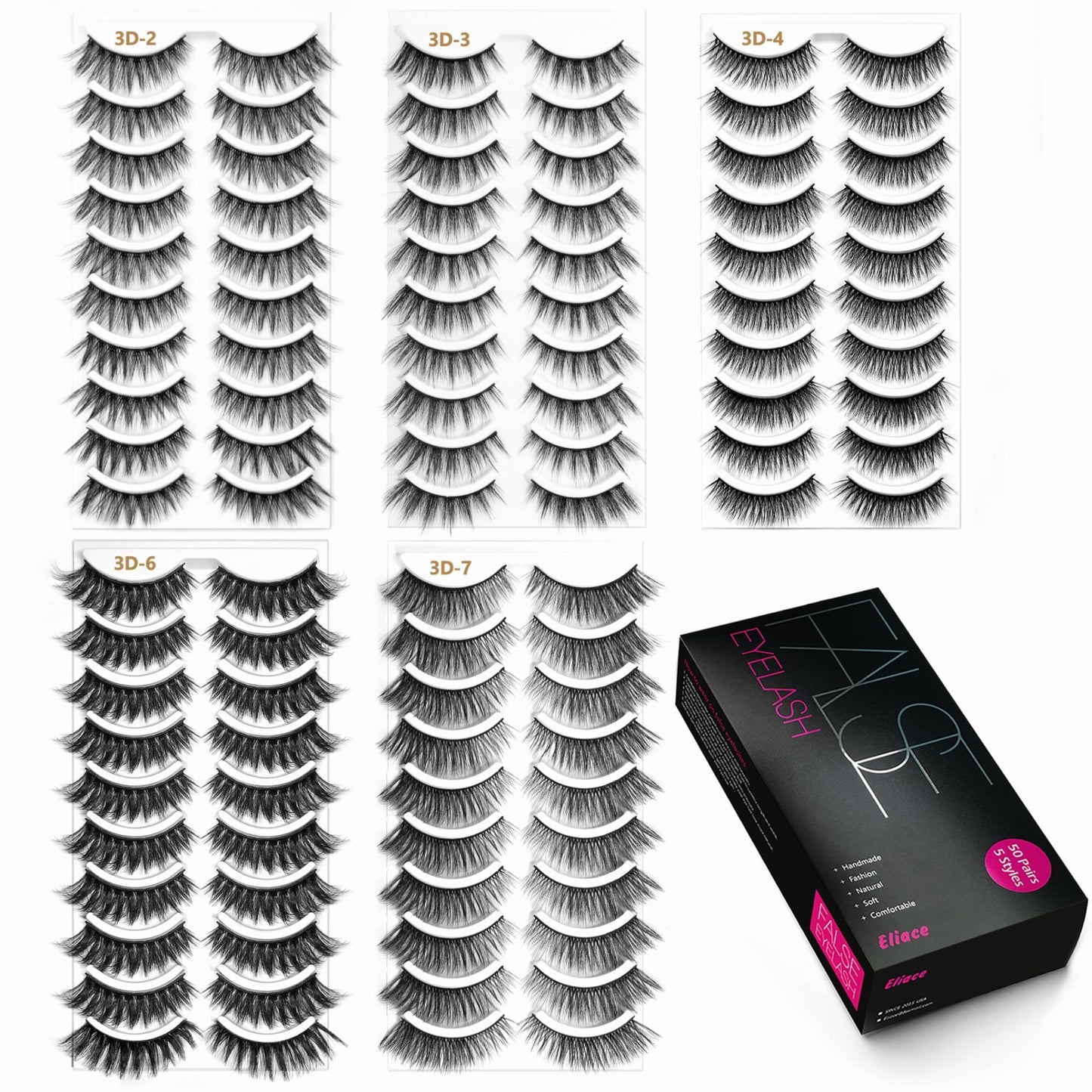 Eliace Eyelashes, 50 Pairs 5 Styles Faux Mink Lashes Natural Look Wispy Fluffy Handmade Cat Eye lashes Pack False Eyelashes Set, Comfortable & Lightweight Fake Lashes Strips,Makeup Fake Eyelashes Pack