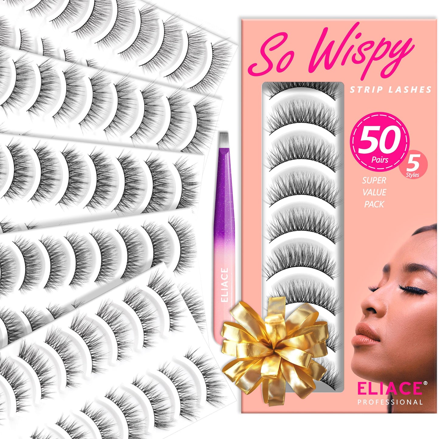 Eliace Eyelashes, 50 Pairs 5 Styles Faux Mink Lashes Natural Look Wispy Fluffy Handmade Cat Eye lashes Pack False Eyelashes Set, Comfortable & Lightweight Fake Lashes Strips,Makeup Fake Eyelashes Pack