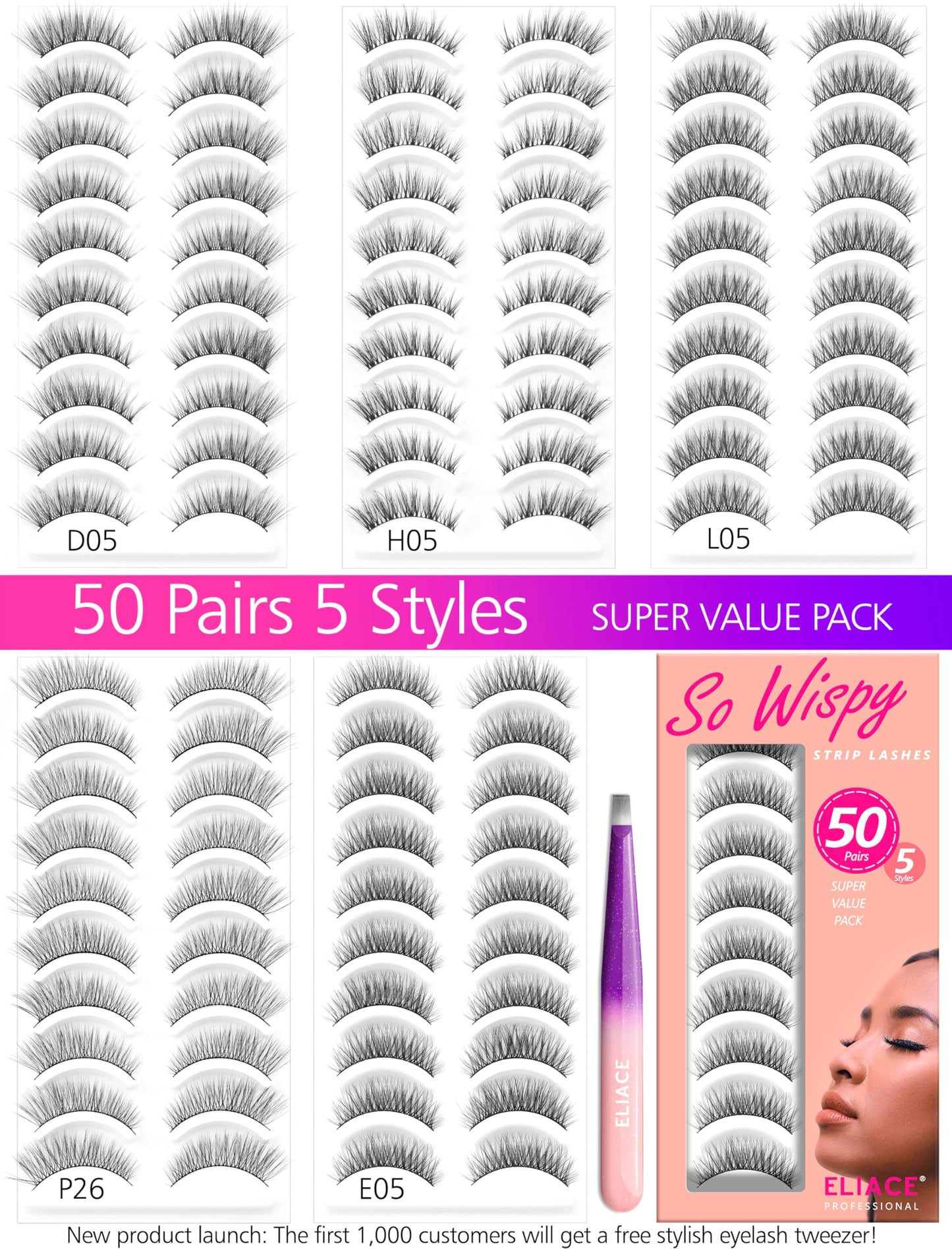 Eliace Eyelashes, 50 Pairs 5 Styles Faux Mink Lashes Natural Look Wispy Fluffy Handmade Cat Eye lashes Pack False Eyelashes Set, Comfortable & Lightweight Fake Lashes Strips,Makeup Fake Eyelashes Pack